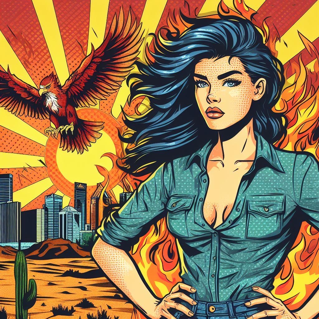 beautiful cartoon character woman in Phoenix with Phoenix in the sky and sunset/city scape