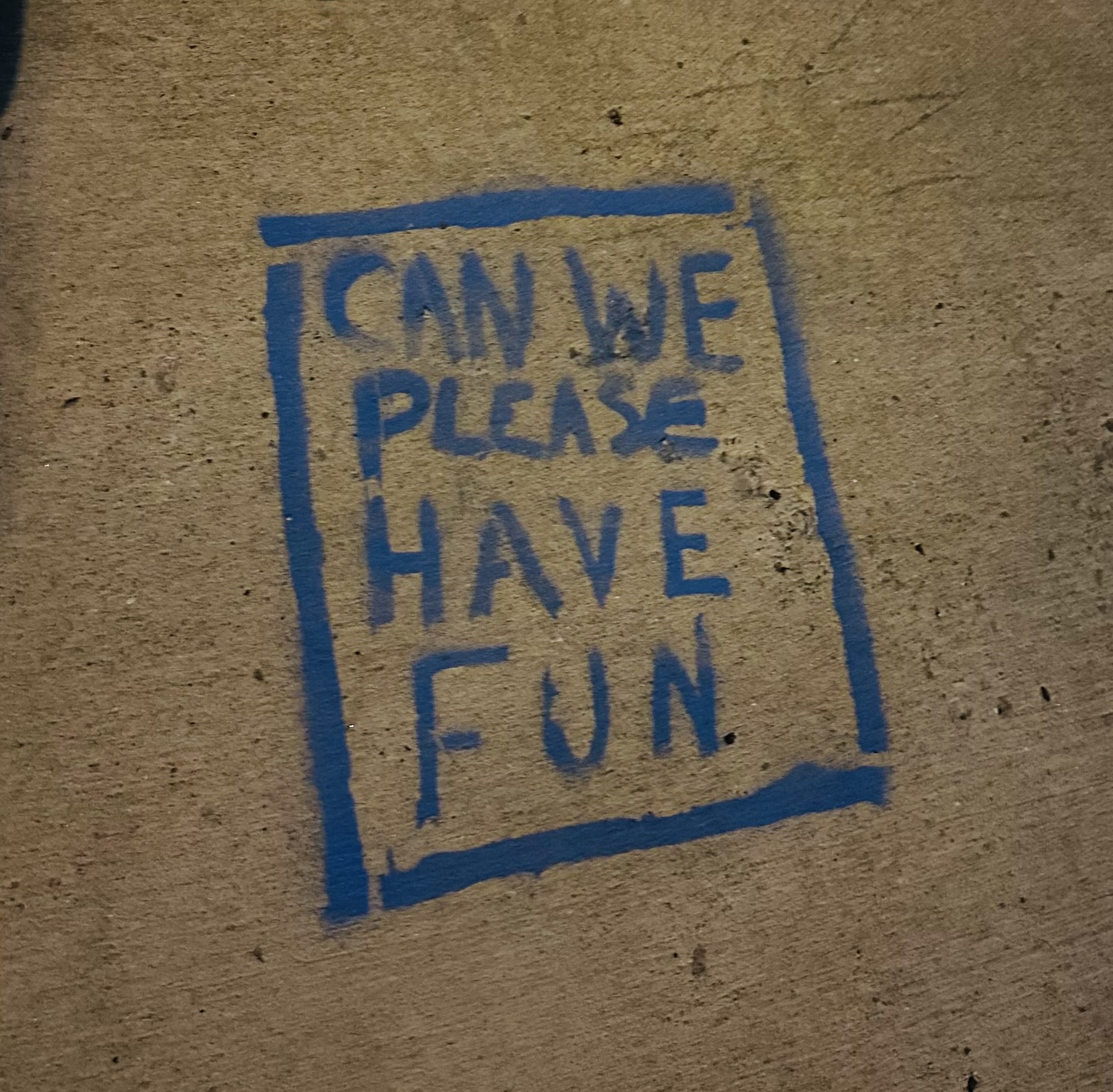 Street art saying 'can we please have fun'