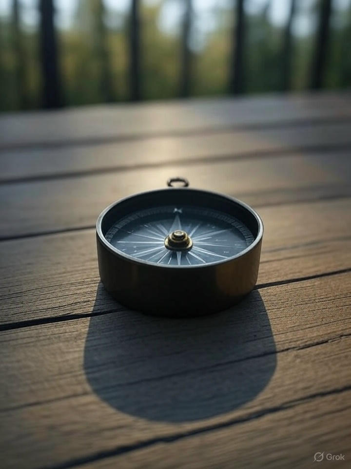 compass on a picnic table in the woods, pointing north